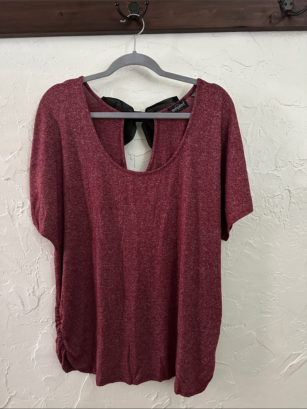 Tempted Scoop Neck Short Sleeve Top in Burgundy with Bow Back